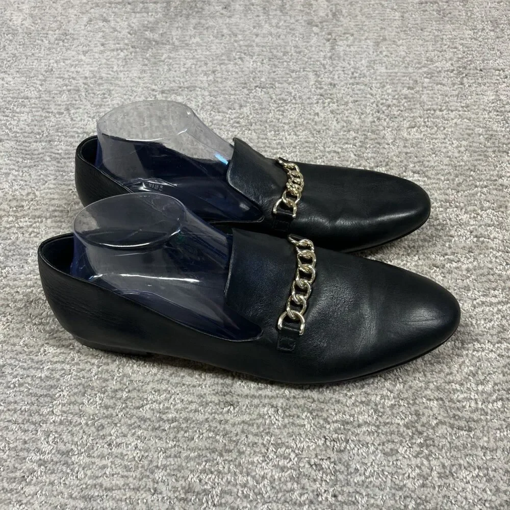 Via Spiga Shoes Womens 11 Black Leather Slip On Loafers Pointed Toe Flats Chain Via Spiga Shoes Womens 11 Black Leather Slip On Loafers Pointed Toe Flats Chain